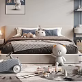 Children's Bed in Gray Kids Bedroom With Stuffed Toys Toy Car and Building Blocks