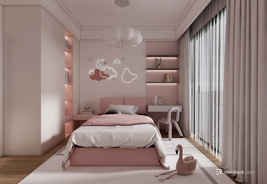 Pink Kids Room Interior With Cloud Moon Decor Bed Desk And Bookshelf 3d model 