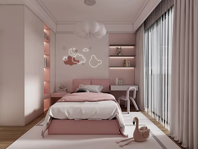 Pink Kids Room Interior With Cloud Moon Decor Bed Desk And Bookshelf 3d model