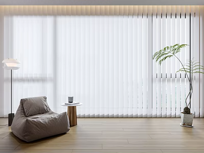 White Blinds In Modern Room With Bean Bag Chair Floor Lamp Plant And Wooden Floor 3d model