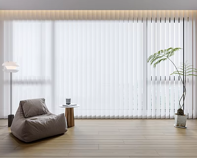 White Blinds In Modern Room With Bean Bag Chair Floor Lamp Plant And Wooden Floor 3d model