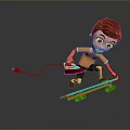 Boy Riding Skateboard Holding Red Iron With Cord On Gray Background