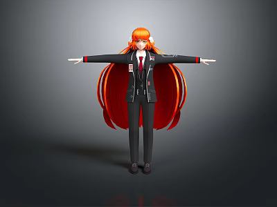 Anime Style Game Movie Character With Orange Long Hair Black Uniform And Arms Outstretched 3d model