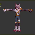 Anthropomorphic Wolf Character With Blue White Fur Blue Pants Skull Design Pink Claws Arms Outstretched