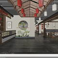 Traditional Chinese Restaurant With Red Lanterns Wooden Ceiling Round Window Stone Floor And Green Plants