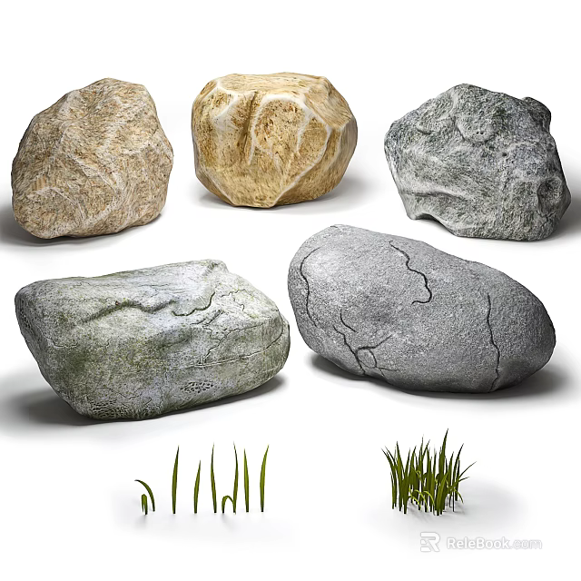Varied Textured Natural Stones and Wood Elements for Outdoor Garden Decoration Projects 3d model 