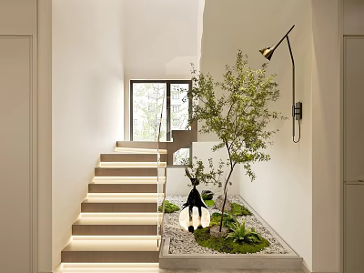 Modern Indoor Staircase Space With LED Lighting Olive Tree And Moss Garden Design 3d model