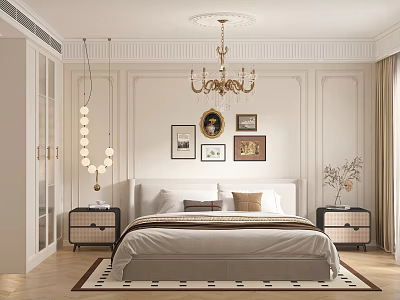 Elegant Modern Bedroom Interior With Paneled Walls Chandelier And Framed Paintings 3d model