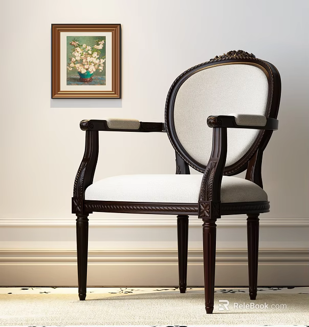 Elegant Leisure Chair With Round Backrest Dark Wooden Frame And Light Fabric Seat 3d model 