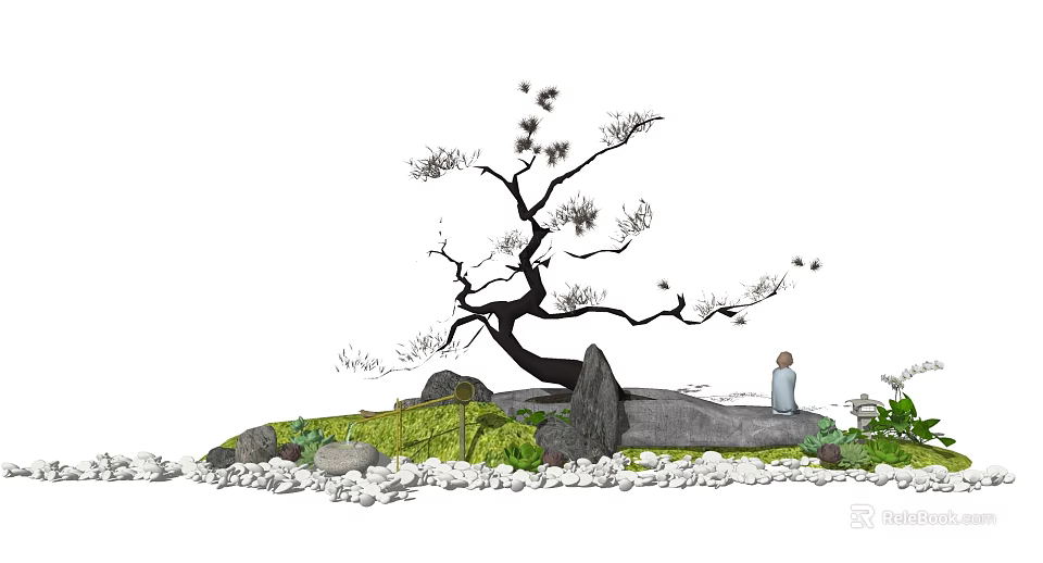 Serene Garden Courtyard With Curved Pine Tree Large Rocks Green Grass And White Pebbles 3d model 