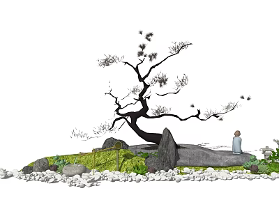 Serene Garden Courtyard With Curved Pine Tree Large Rocks Green Grass And White Pebbles 3d model