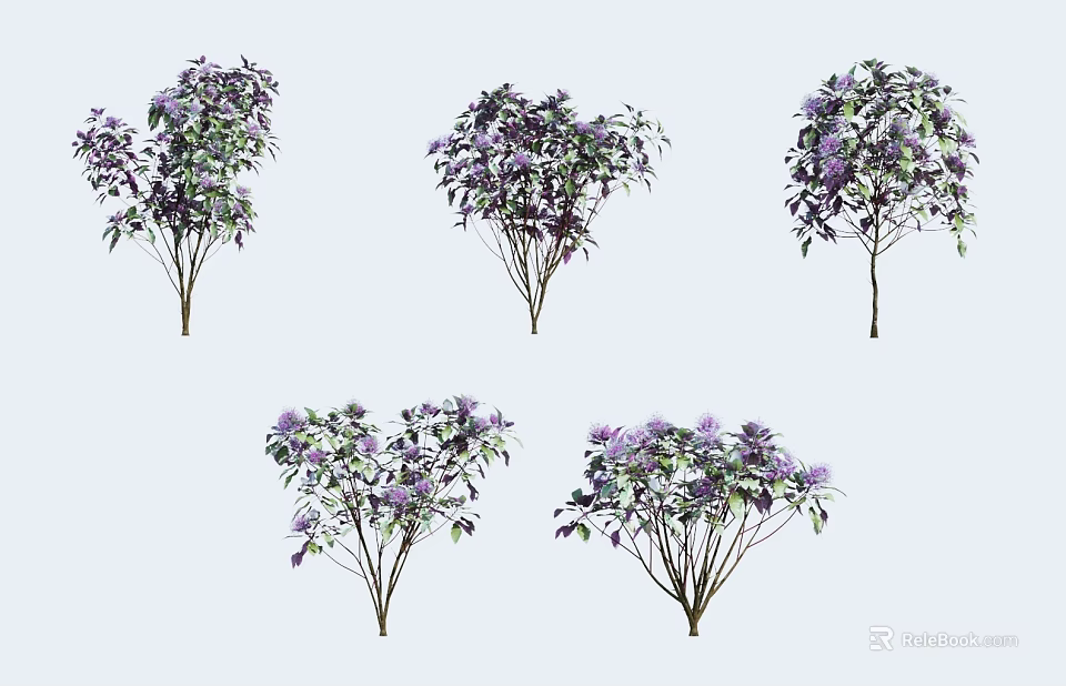 Multiple Decorative Plants With Purple Flowers And Green Leaves Arrangement 3d model 