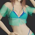 Woman In Green Blue Short Sleeved Top And Shorts With High Heels Front Back Views