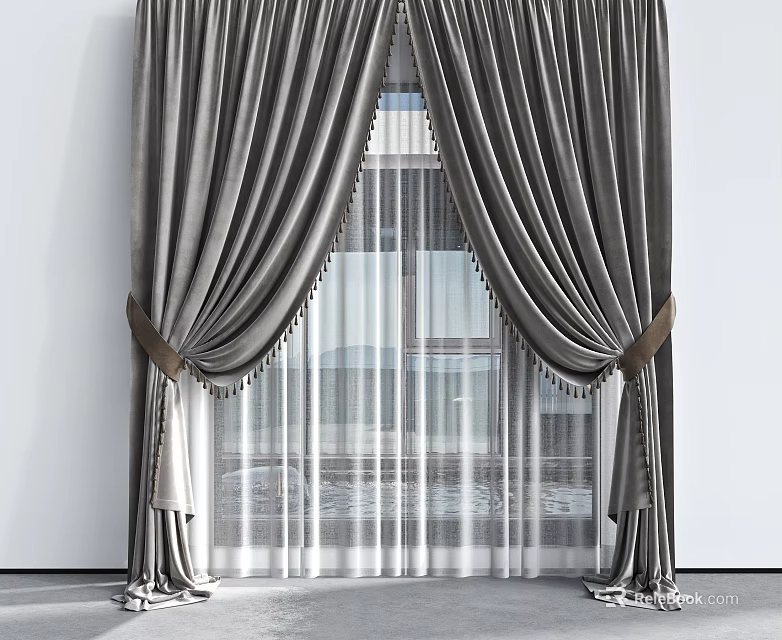 Gray Velvet Curtains With Fringed Tiebacks And Sheer Window Panels Design 3d model 