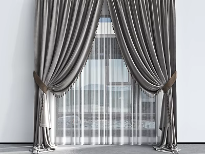 Gray Velvet Curtains With Fringed Tiebacks And Sheer Window Panels Design 3d model
