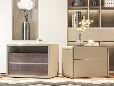 Stylish Bedside Tables with Wooden Drawer Leather Top and Decorative Vase Near Bookshelf 3d model