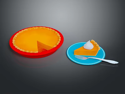 Whole Pumpkin Pie With Slice On Blue Plate And Whipped Cream And Fork 3d model