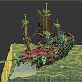 Vintage Wooden Ship With Sails Ropes And Classic Design On Ocean Waves