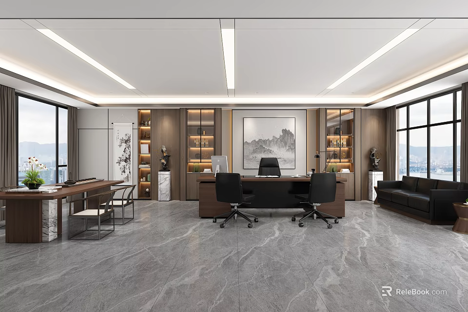 Modern Spacious Office Interior Design With Desk Chairs Bookshelves And Floor to Ceiling Windows 3d model 