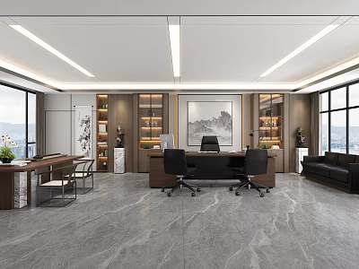 Modern Spacious Office Interior Design With Desk Chairs Bookshelves And Floor to Ceiling Windows 3d model
