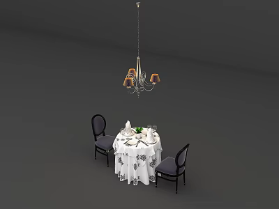 Dining Table Set With White Tablecloth Tableware Dark Chairs And Chandelier 3d model