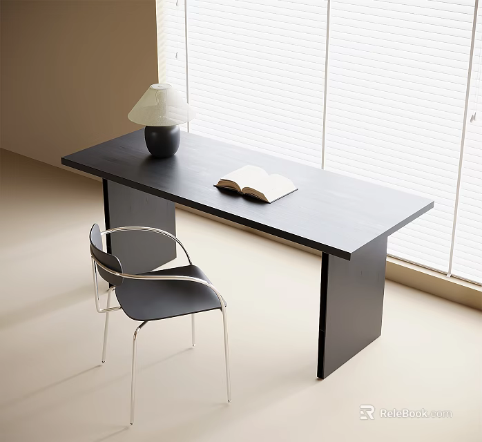 Modern Black Desk With Open Book Table Lamp And Black Metal Chair By Window 3d model 