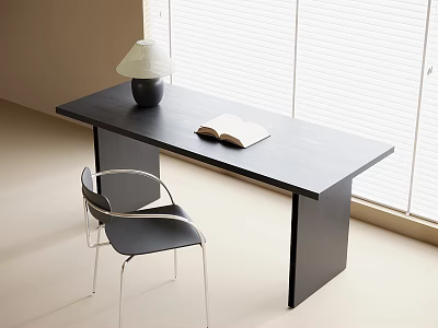 Modern Black Desk With Open Book Table Lamp And Black Metal Chair By Window 3d model