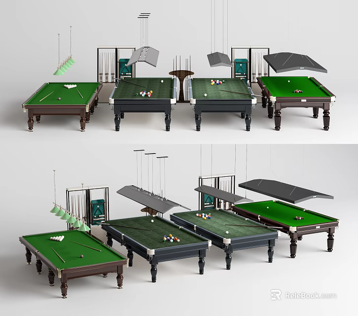 Multiple Design Billiard Tables With Green Felt Surface And Hanging Lights For Sports Use 3d model 
