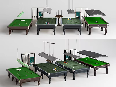 Multiple Design Billiard Tables With Green Felt Surface And Hanging Lights For Sports Use 3d model