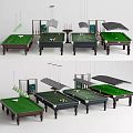 Multiple Design Billiard Tables With Green Felt Surface And Hanging Lights For Sports Use