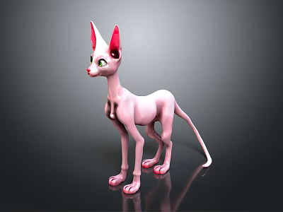 Pink Hairless Sphynx Cat with Large Ears Green Eyes and Pink Paws on Dark Background 3d model