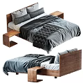 Modern Double Bed With Wooden Headboard Gray Bedding Geometric Pattern And Side Tables 3d model