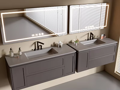 Modern Bathroom Vanity Cabinets With Double Sinks Backlit Mirrors And Countertops 3d model