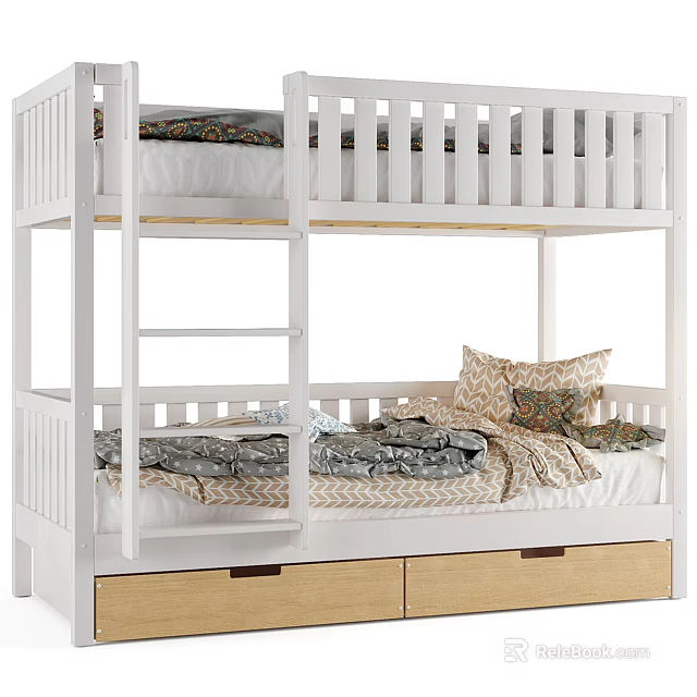 Modern Bunk Bed Featuring White Frame Ladder Lower Section Mattress Pillows and Bottom Drawers 3d model
