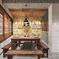 Chinese Style Hotpot Restaurant Interior With Wooden Tables Benches Hanging Lights And Traditional Wall Decorations