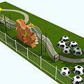Outdoor Playground Equipment With Climbing Structure Slide Yellow Canopy And Soccer Balls On Green Lawn
