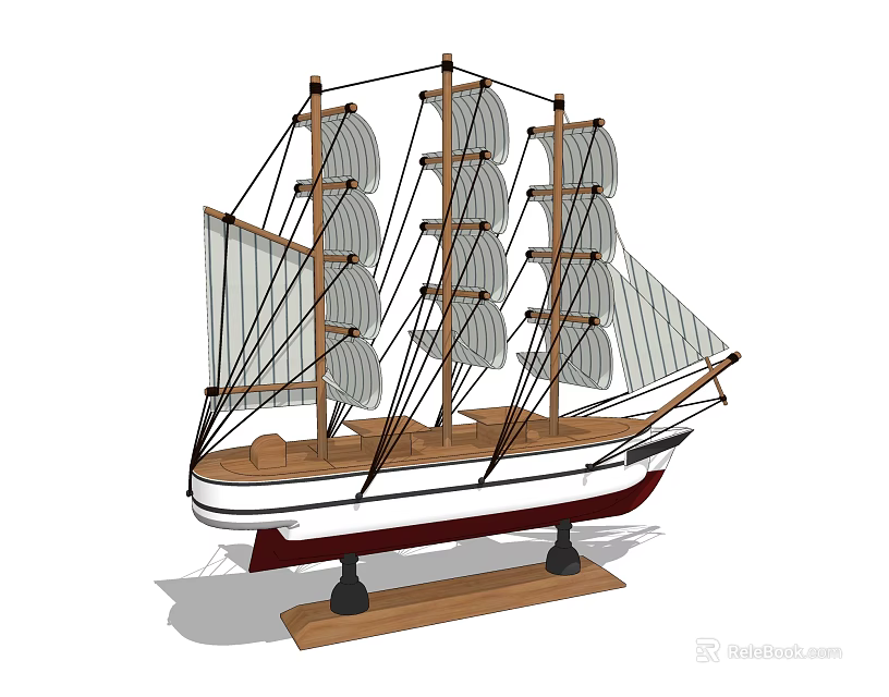 Decorative Ornament Set Vintage Model Ship with Wooden Base Multiple Masts and Canvas Sails 3d model 