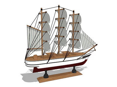 Decorative Ornament Set Vintage Model Ship with Wooden Base Multiple Masts and Canvas Sails 3d model