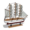 Decorative Ornament Set Vintage Model Ship with Wooden Base Multiple Masts and Canvas Sails