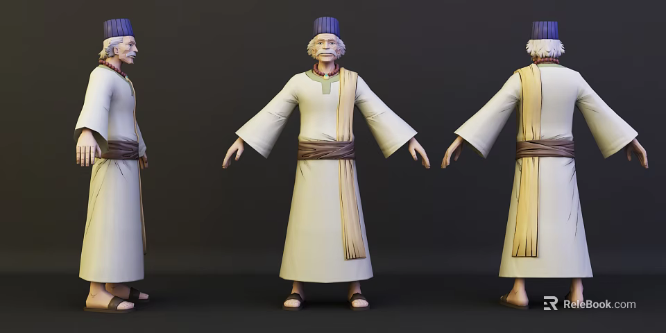 Bearded Game Movie Character In White Robe With Brown Belt And Blue Hat Three Views 3d model 
