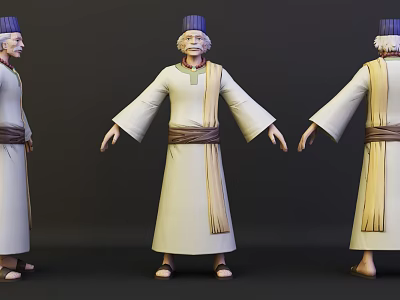 Bearded Game Movie Character In White Robe With Brown Belt And Blue Hat Three Views 3d model