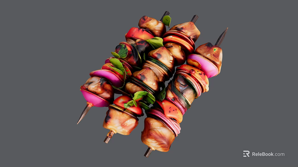 Grilled Chicken Skewers With Fresh Onions And Vegetables On Metal Sticks 3d model 