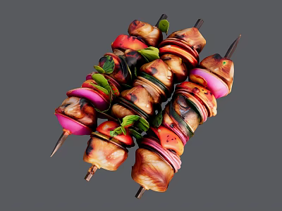 Grilled Chicken Skewers With Fresh Onions And Vegetables On Metal Sticks 3d model
