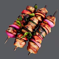 Grilled Chicken Skewers With Fresh Onions And Vegetables On Metal Sticks
