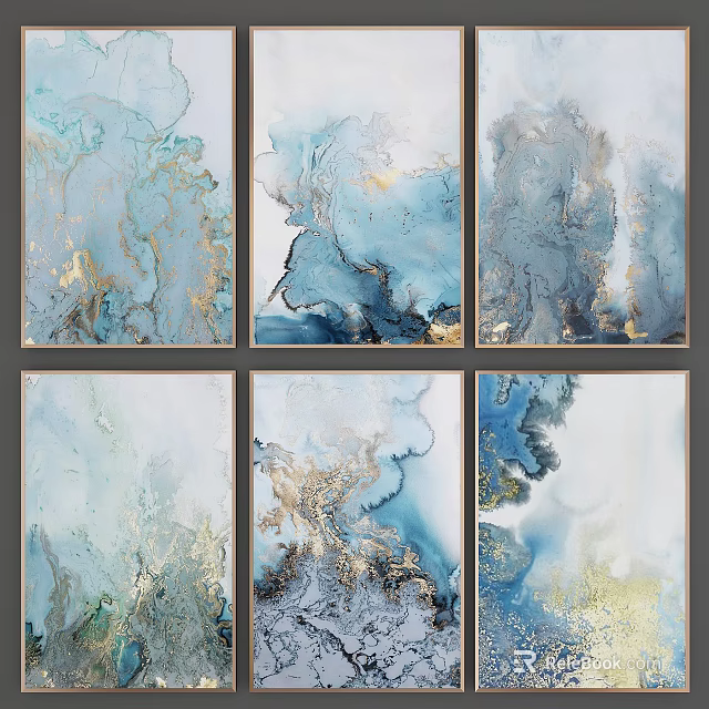 Abstract Paintings With Blue Gray Gold Tones And Textured Design For Home Decor 3d model 