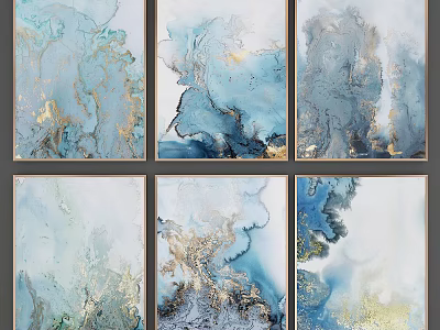 Abstract Paintings With Blue Gray Gold Tones And Textured Design For Home Decor 3d model