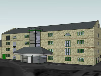 Office Building With Brick Exterior Multiple Windows Dark Roof And Glass Entrance 3d model
