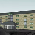 Office Building With Brick Exterior Multiple Windows Dark Roof And Glass Entrance