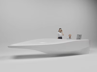 Modern White Streamlined Reception Desk With People Using Phone And Laptop 3d model