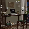 Cozy Home Office With Wooden Desk Computer Green Chair Table Lamp Wall Decor And Bookshelf